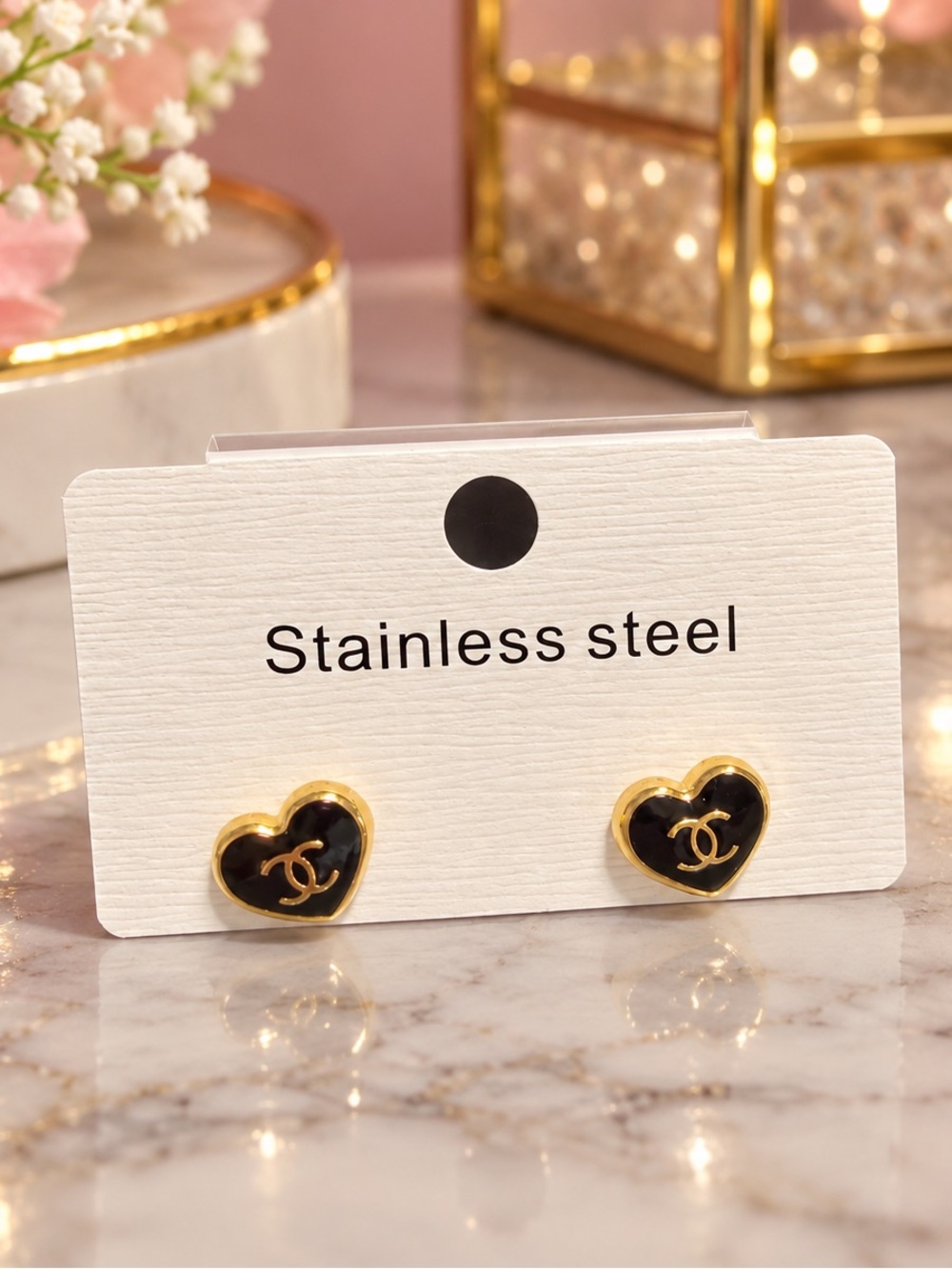 Gold plated unbranded & Black Heart Stud Earrings with Interlocking Logo